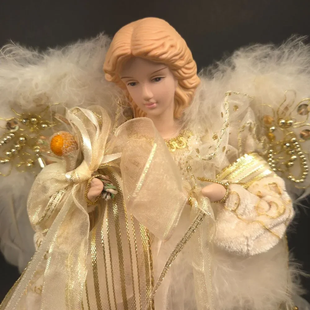 Elegant Cream & Gold Angel Tree Topper Feather Wings Christmas 11.5